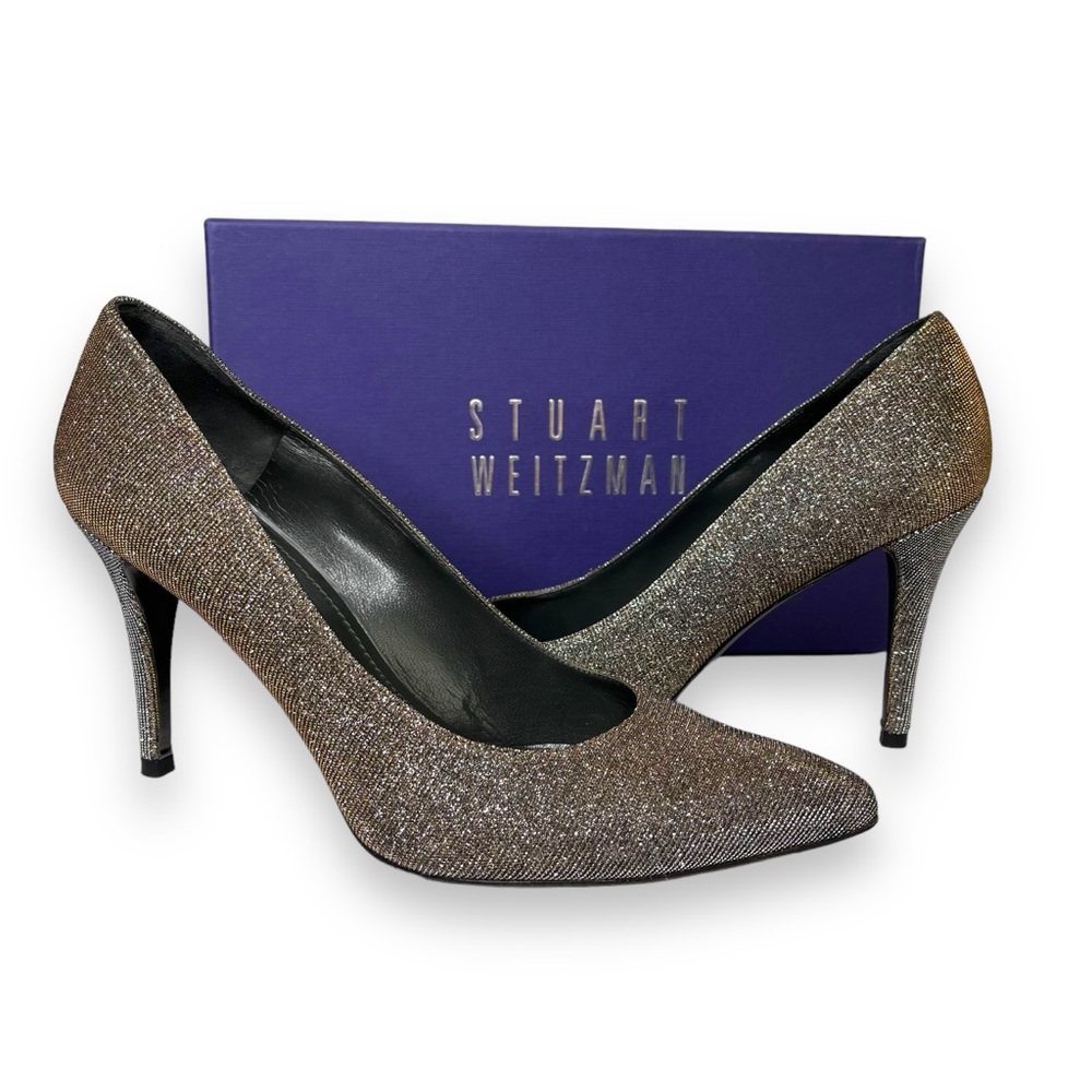 Stuart Weitzman Pyrite Nocturn Silver Metallic Pointed 4” Stiletto Pump Heel 9